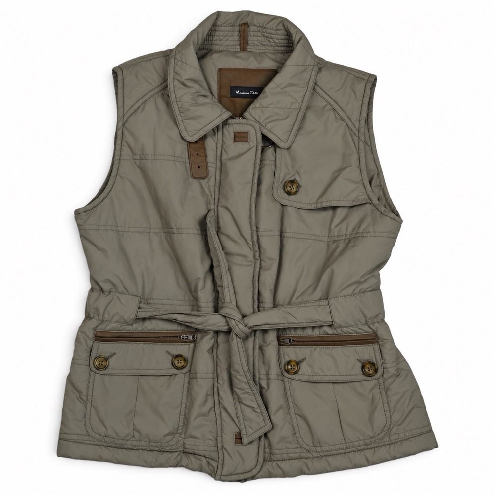 Massimo Dutti Olive Gray Quilted Utility Vest Belted Pockets Women's Large